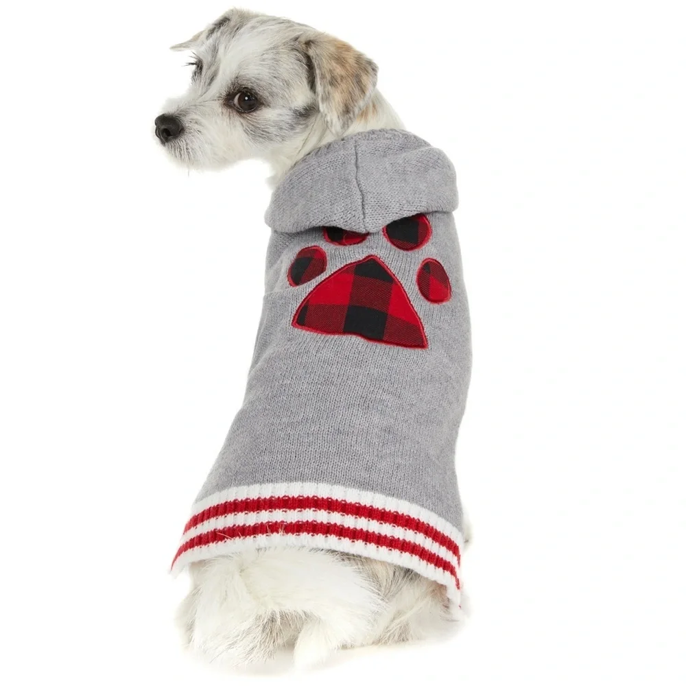 Chilly Dog Paw Print Sweater Hooded Gray Red Black Plaid Medium
